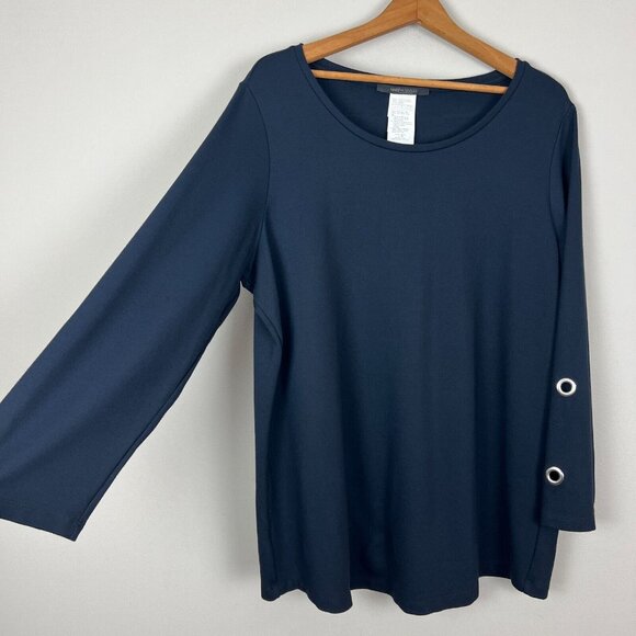 MARINA RINALDI Tunic Top Womens Large Navy Blue‎ Grommet Long Sleeve Knit Blouse - Picture 3 of 7